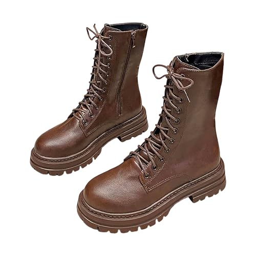 Generisch Botas planas con cordones para mujer, elegantes y elegantes, monocolor, con cremallera, suela gruesa, botas de nieve, a prueba de viento, impermeables, botas con cordones, marrón, 39 EU