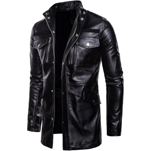 Men's Mid-Length Locomotive Genuine Black Leather Jacket Vintage WW2 German Military Classic Long Parka Trench Coat