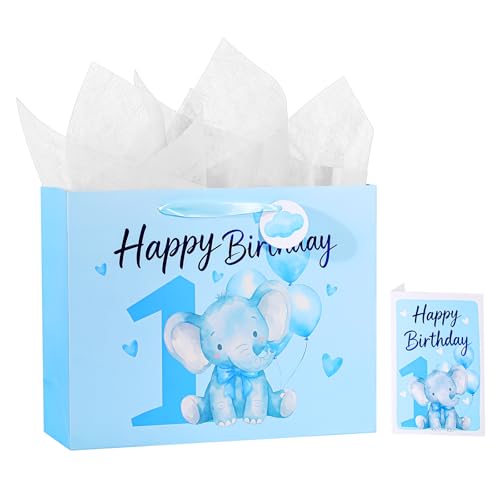 Image of Powbrace 13 inch 1st Birthday Gift Bag with Tissue Paper and Greeting Card for Party, Happy Birthday Gift Bag for Men Women,Gift Bags Medium size(1 PCS Blue Cartoon)