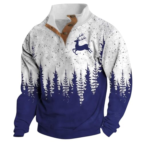 ラガーシャツ メンズ 可愛い クリスマス ポロシャツ 長袖 襟付き カジュアル 秋服 トレーナー ゴルフウェア ハイネック ハーフジップ 大人 レトロ風 プルオーバー 3Dプリント 面白い 秋冬用 スウェットシャツ 部屋着 普段着(2XL,A-ネイビー)