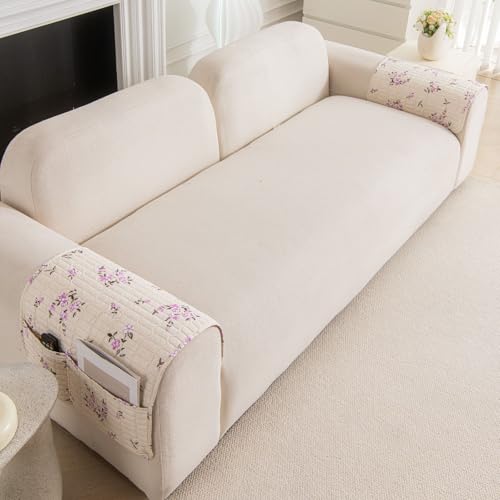 Image of HOMETHREADS Anti-Skid Sofa Protector Mat: Premium Printed Cotton Slipcover with Strong PVC Non-Slip Backing, (Beige Purple, 2Pc Armrest Mat | 50x75cm)