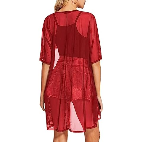 BelleLovin Womens Sexy Sheer Short Sleeve Cardigan See Through Mesh Cover Up (XX-Large, Red) Cover
