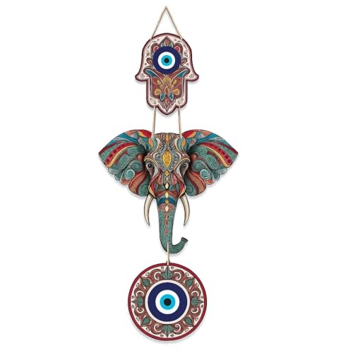 Image of GiftOday Designer Elephant Wooden Wall Hanging for Home Decor | Hamsa Hand Decoration for Livingroom | Modern Artworks Items | Peace Charm Door Accent Decorative Hangings (Design 1)