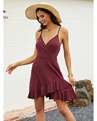 Image of ULTRANICE Womens Summer Dresses Floral V Neck Ruffled Hem Spaghetti Spring Casual Beach Outfits Flowy Wrap Sun Dress