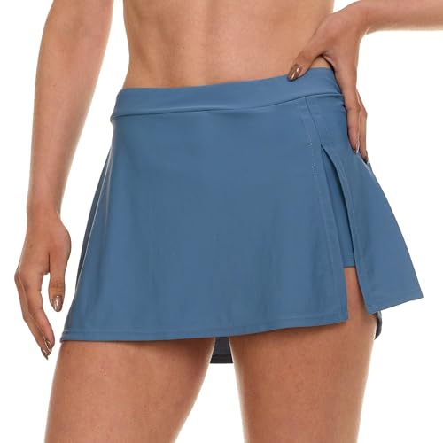 Reebok Womens Swim Skirt with Shorts Liner, Swim Skorts for Women Swimwear, Sporty Athletic Bathing Suit Skirt Bottoms Slate Blue