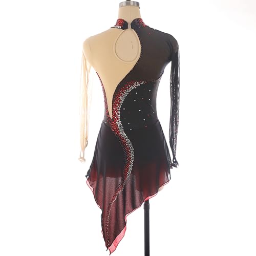 Vestido de patinação artística, preto e vermelho costurado com strass nas pontas dos dedos, fantasia