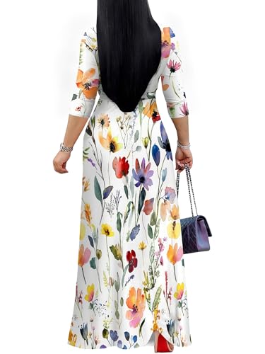 Image of Plus Size Maxi Dress for Women V Neck Flowy Dresses with Pockets for Wedding Guest Church