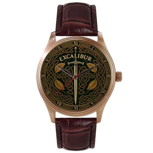 Rare Excalibur Celtic Art Sword In The Stone King Arthur Solid Brass Men’s Watch with Souvenir Winchester Cathedral Excalibur Handmade Box