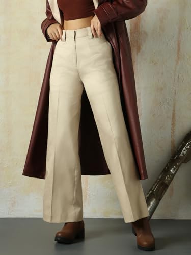 Image of High Star Women High Rise Solid Regular Length Wide Leg Casual Trousers