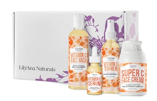 LilyAna Naturals Vitamin C Skincare Gift Set - Brightening and Anti-Aging Skin Care Products - Vitamin C Serum and Hyaluronic Acid - 4 Piece Set