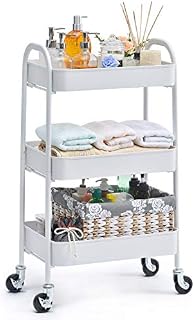 Kingrack Rolling Cart, Storage Trolley on wheels, 3-Tier Utility Cart with Metal mesh basket Organization, Mobile Storage Rack Shelves for Kitchen Home Office Garage Bathroom, No Screws Assemble White
