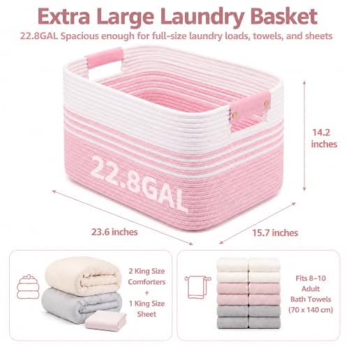 Image of 22.8GAL Extra Large Collapsible Laundry Basket for Dirty Clothes,Shoes, Sturdy Portable Aesthetic Boho Heavy Duty Wicker Hamper for Living Room Thow Pillows Blankets Storage Organizer,White Pink