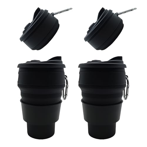 2 Stück Kaffeebecher Faltbarer Becher 350 ml Faltbare Tasse Silikon Tragbares Faltbecher Silikon mit Deckel Wiederverwendbares Faltbarer Becher für Picknick, Camping, Wandern, Reisen (Schwarz)
