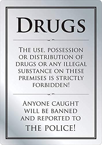 No Drugs Sign Silver A4 297x210mm Pub Bar Restaurant Licensed Premises Notice Anti Drugs Warning, A4 (8.27 x 11.69 inches)