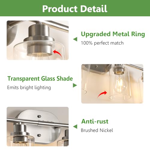 Image of Ascher 4-Light Bathroom Light Fixtures, Modern Vanity Lights with Clear Glass Shade, Brushed Nickel Wall Lamp for Bathroom Mirror Hallway Cabinet Porch