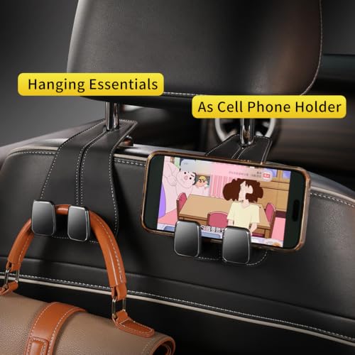 Image of WEIHAO Wide Purse Hook for Car, Twin Hook Leather Car Headrest Hangers, Car Seat Back Storage Hook, Headrest Hooks Purse Bag Holder for Car Universal Fit Sedan Trucks SUVs Most Vehicles (Black-4PCS)