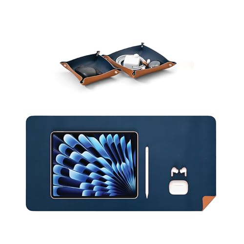 Image of Bellblock Large Extended Desk Mat /Mouse Pad /Gaming Mouse Pad | Vegan PU Leather | Anti-Skid, Non-Skid, Reversible Splash-Proof | Blue & Tan | 90cm x 45cm (Pack of 1) (DM1, 60 x 30cm Combo)
