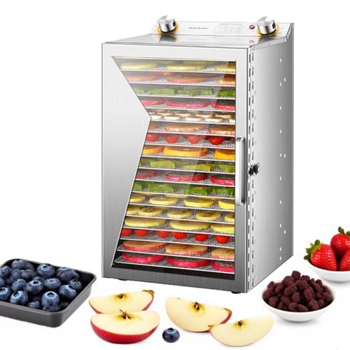 Profi Lebensmittel Dörrgerät 800W Edelstahl, Dörrautomat mit Timer, 6–18 Ebenen, für Fleisch, Obst, Gemüse, Kräuter, Hundesnacks, große Kapazität, Temperaturbereich 30–90°C(18Layers)