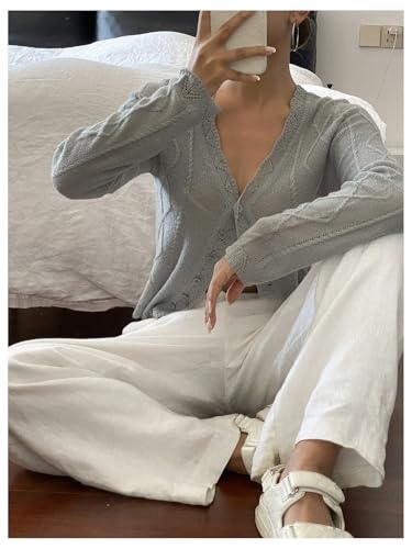 MakeMeChic Women's Button Down Cardigan V Neck Long Sleeve Slim Fit Cable Knitted Sweater4