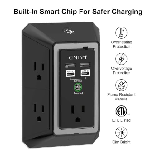 Image of Surge Protector, QINLIANF 5 Outlet Extender with 4 USB Ports(2USB-C) | 1680 Joules, 3-Sided Power Strip with Night Light, Multi Plug Wall Outlet Adapter Spaced for Home Travel Office, Black