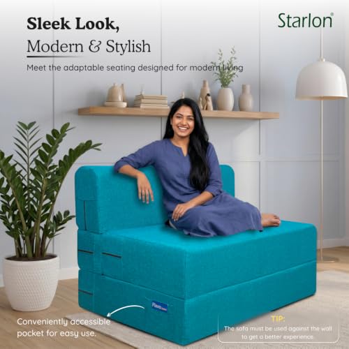 Image of Starlon 2 Seater Sofa Cum Bed Foldable 3-in-1 Sofa Bed with 1 Year Warranty, Washable Jute Fabric Cover & 2 Waves Pillows | Queen Size Guest Bed | Pre-Assembled Aqua Teal 4x6 Ft