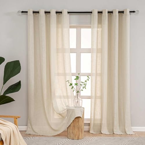 L.Z.E Kurze Gardinen Beige, Vorhang mit Ösen in Leinenoptik 2er Set Kurz, Halbtransparente Ösenschal für Wohnzimmer Fenster und Schlafzimmer, Modern Landhaus 175 cm Lang, 190g/㎡