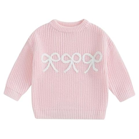 Mandizy Baby Girl Winter Clothes Toddler Bow Embroidered Sweater Knit Sweatshirt Long Sleeve Crewneck Pullover Knitwear (Pink, 2-3 Years) Cover