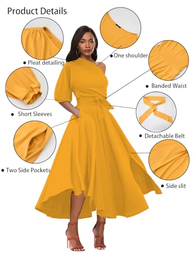 Image of Women's Off Shoulder Short Sleeve Cocktail Swing Dress | Elegant Wedding Guest, Midi Length, Asymmetrical Neck, Belted, Front Side Slit, Side Pockets, Formal Occasions, Day to Night