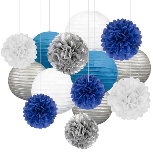 Image of 18 PCS Blue White Silver Paper Lanterns & Tissue Paper Pom Poms for Men's Birthday, Graduation 2026, Wedding, Hanging Paper Decor for Indoor Outdoor Events Theme Party Supplies