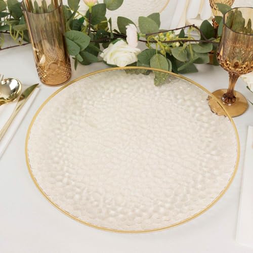 Efavormart 10 Pack Glitter Gold Clear Hammered Plastic Charger Plates, Round Disposable Serving Plates With Gold Rim - 13 Efavormart 10 Pack Glitter Gold Clear Hammered Plastic Charger Plates, Round Disposable Serving Plates With Gold Rim - 13