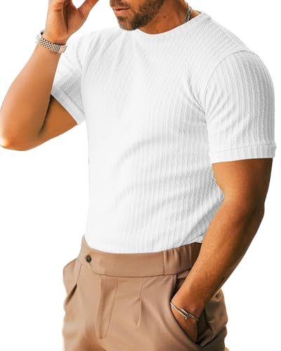 XINGCOOL Mens T-Shirts Ribbed Knit Shirts Short Sleeve Dressy Crewneck Shirt Summer Slim Fit White