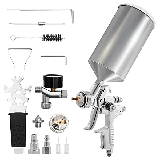 VEVOR HVLP Spray Gun, High Performance Automotive Paint Gun with 1.3/1.7mm Stainless Fluid Tip Sets, 1000cc Cup, MPS Adapter and Air Regulator for Primer, Clear & Top Coat, Touch Up