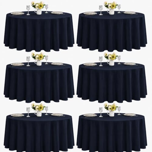 Image of 6-Pack Round 108-inch Navy Blue Table Cloths, Solid Stain and Wrinkle Resistant Circular Tablecloth, Premium Plain Weave Polyester Fabric Table Linen Covers for Hotel, Banquet