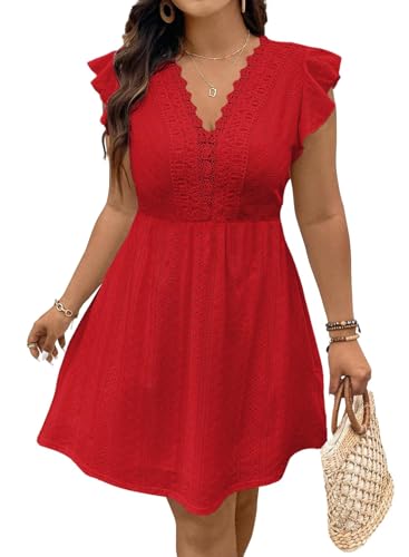 Image of Eytino Plus Size Dresses for Women Summer Ruffle Cap Sleeve Lace V Neck Embroidery Eyelet A Line Dress(1X-5X)