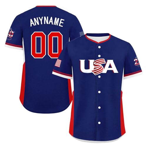 Camiseta de béisbol personalizada USA 250th, con nombre, número y bandera de USA, botón, transpirable y patriótica
