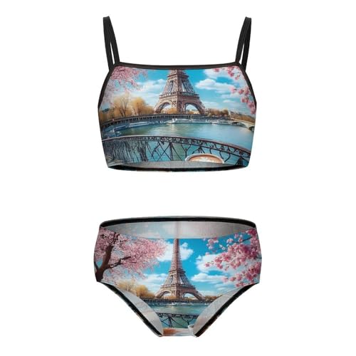 Eiffel Tower Coffee Bar Girls Swimsuits Two Piece Bikini Sets Beach Sport Swimwear Bathing Suit