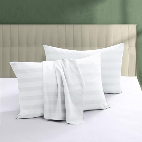 Image of 100% Egyptian Cotton Pillow Protectors Set of 2, 600 Thread Count Queen Size Bed Pillow Cases with Zipper, Sateen Weave Cooling Pillow Cases Quiet and Breathable Easy Care (2PCS, Striped White)
