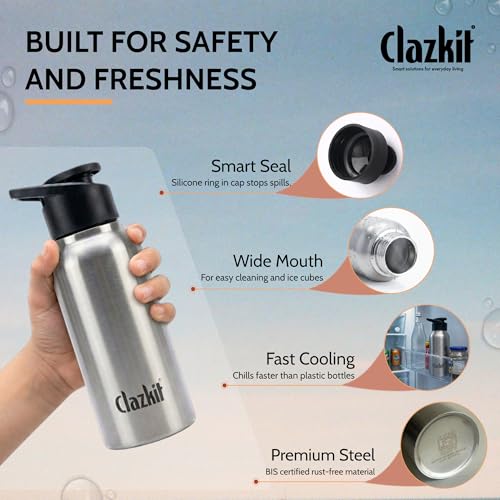Image of Clazkit Sporty Stainless Steel Water Bottle 500ml Set of 2 |ISI Certified| Leakproof, Rust-Free, BPA-Free, Durable for College, Fridge, Sports, Gym, Yoga & Office