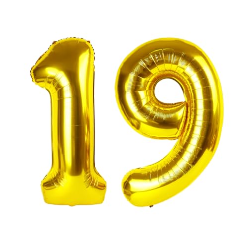 Image of Number Balloons 19 Balloon Gold for 19 91 Birthday Party Decorations, 40 in | Saturated Color, Large 40 inch, With Straw & Hanging Holes, For Back-To-School Season, Anniversary, Christmas, New Year