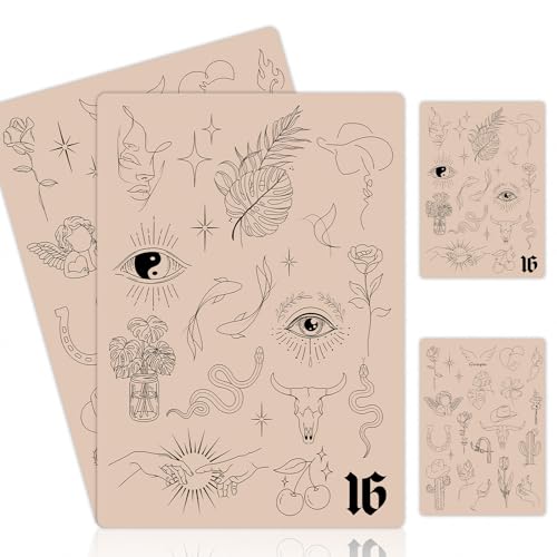 2PCS Double-Sided Tattoo Practice Skin with Pre-Printed Light Gray Stencil Designs –1.5mm Thick Silicone Pad for Fine Line & Tiny Tattoo Training (2PCS Pink Pad #16)