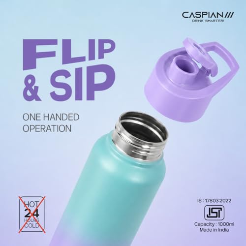 Image of Caspian Hike Stainless Steel Sipper Water Bottle 1 Ltr (Litre) for School, Fridge, Office, Gym, Home-Ideal for Adults, Men, Women, Kids, Boys, Girls-1000ml Leakproof, Rust free, Eco-Friendly, E Grad