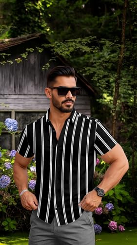 Image of Vertical Striped Short Sleeve Casual Shirt for Men, Stratchable 100% Spandex Material,Black and White