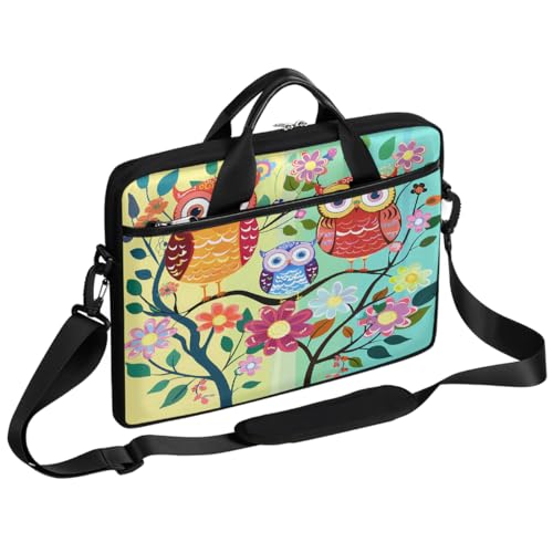 Funda para laptop de 15 pulgadas con diseño de búhos, ramas y flores, maletín delgado para oficina y viaje, con correa ajustable, para mujeres y hombres