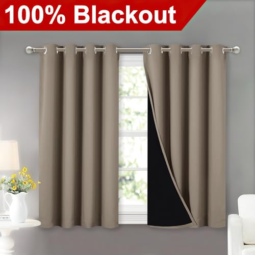 Image of NICETOWN 100% Blackout Curtains with Black Liners, Thermal Insulated Full Blackout 2-Layer Lined Curtains, Energy Efficiency Window Draperies for Dining Room (Taupe, 2 Panels, 52-inch W by 45-inch L)