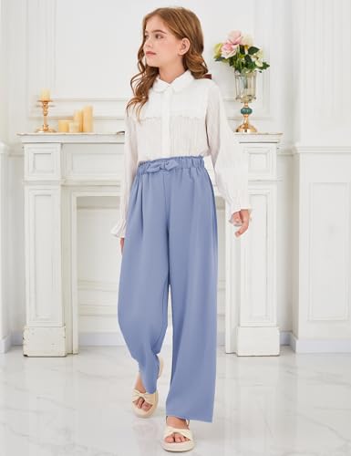 Image of Girls Wide Leg Palazzo Pant Loose Straight Cute Bow Waist Spring Summer Lightweight Dress Pant for Kids 5-14Y
