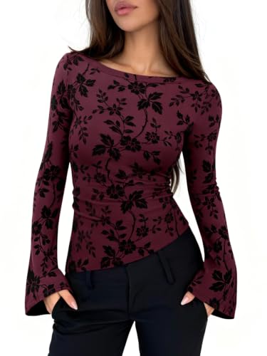 PINKMSTYLE Womens Floral Mesh Long Sleeve Top Boat Neck Double Lined Shirt