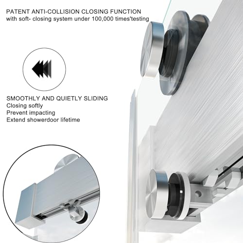 Shower Doors Soft Closing 46-48" W x 76" H Width Adjustable Double Sliding 3/8"(10mm) Clear Tempered SGCC Glass Frameless Stainless Steel Hardware (Brushed Nickel)
