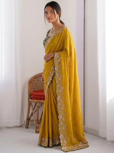 Image of ORHANS Women's Chiffon Saree with Unstitched Blouse Piece Heavy Embroidery Work | Beautiful Saree for Women | Traditional Indian Sari Stylish | Fashionable Saree Modern Design