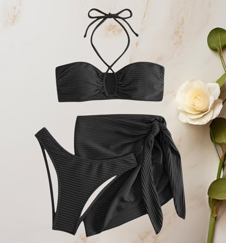 Women's 3 Piece Bikini Swimsuit Halter Ring Bathing Suit Criss Cross Swimwear with Cover Up Beach Skirt4