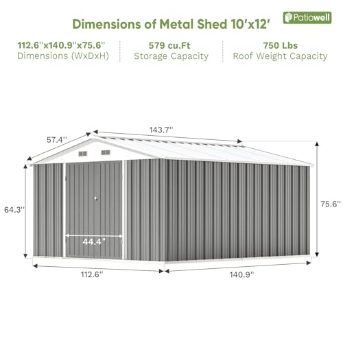 Image of Patiowell 10 x 12 FT Metal Storage Shed for Outdoor, Steel Yard Shed with Design of Lockable Doors, Utility and Tool Storage for Garden, Backyard, Patio, Outside use, Gray
